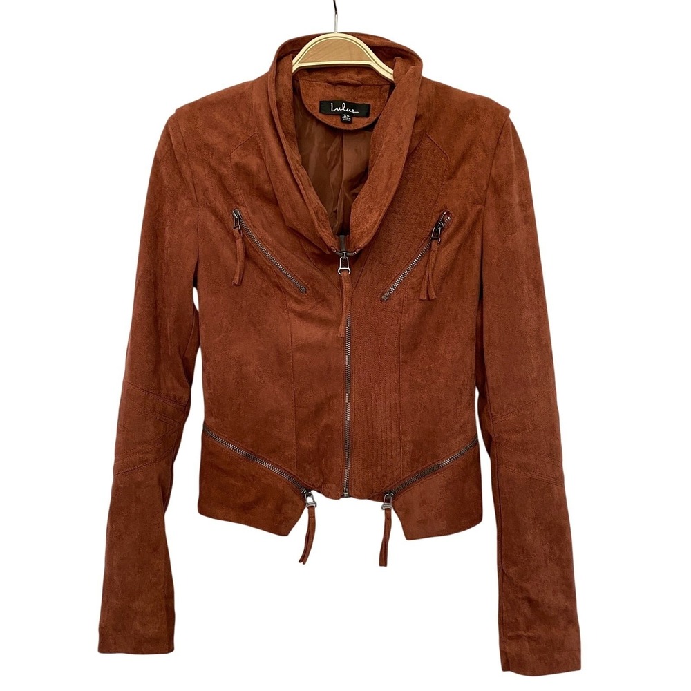 Lulus Faux Suede Y2K Moto Jacket Women Size XS Rust Cowl Neck‎ Bikercore Edgy